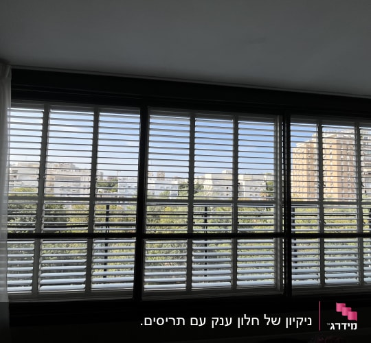 ניקיון של חלון ענק עם תריסים.